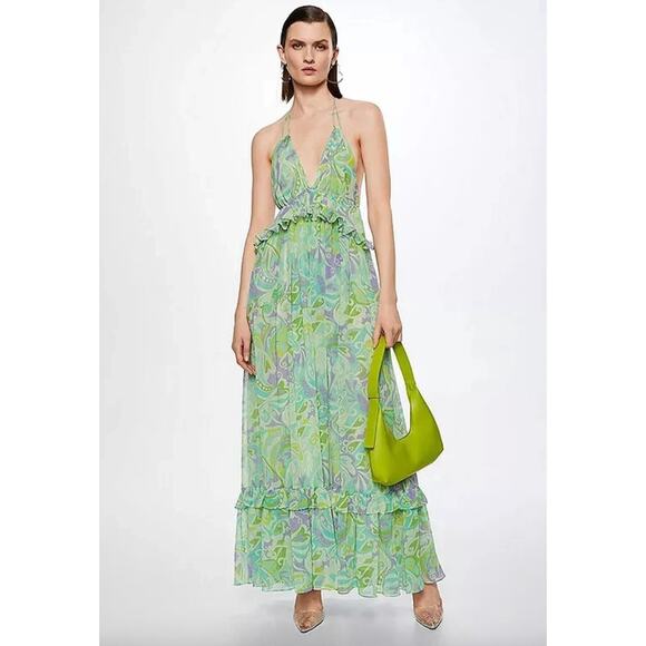 Mango Dresses & Skirts - Mango Maxi Dress Chiffon Printed Ruffle Resort Boho Green A Line Medium NWT